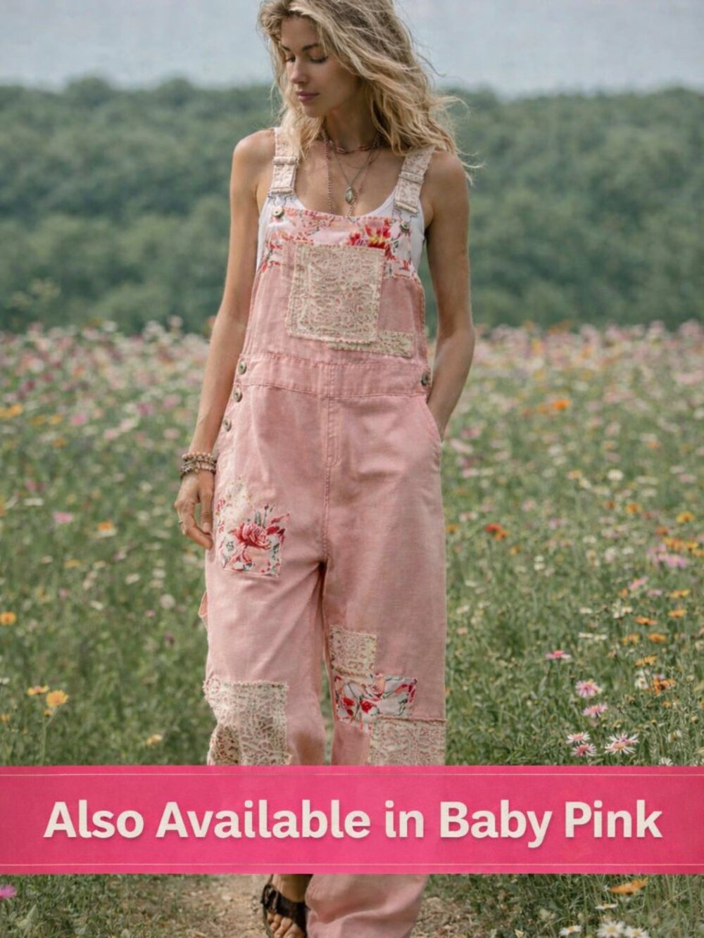POL Sweet Boho Baby Faded Denim Floral & Lace Patchwork Girly Suspender Overalls - Picture 9 of 10